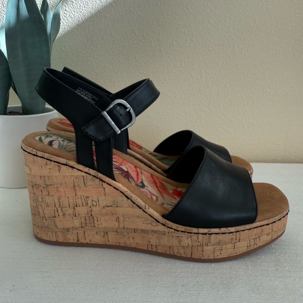 B.O.C. Black Leather Cork Wedge Sandals